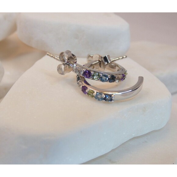 Genuine-Multi Color Gemstone Sterling Silver Hoop Earrings- Colorful Earrings - Picture 3 of 6